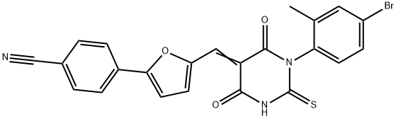 4-{5-[(1-(4-bromo-2-methylphenyl)-4,6-dioxo-2-thioxotetrahydro-5(2H)-pyrimidinylidene)methyl]-2-furyl}benzonitrile Struktur