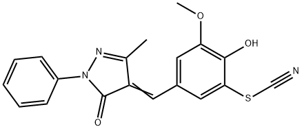 2-hydroxy-3-methoxy-5-[(3-methyl-5-oxo-1-phenyl-1,5-dihydro-4H-pyrazol-4-ylidene)methyl]phenyl thiocyanate Struktur