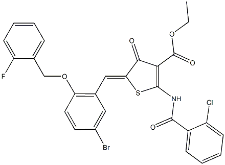 ethyl 5-{5-bromo-2-[(2-fluorobenzyl)oxy]benzylidene}-2-[(2-chlorobenzoyl)amino]-4-oxo-4,5-dihydro-3-thiophenecarboxylate Struktur