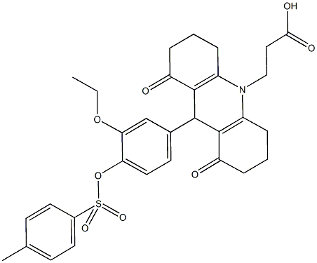 3-(9-(3-ethoxy-4-{[(4-methylphenyl)sulfonyl]oxy}phenyl)-1,8-dioxo-2,3,4,5,6,7,8,9-octahydro-10(1H)-acridinyl)propanoic acid Struktur