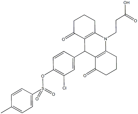 3-(9-(3-chloro-4-{[(4-methylphenyl)sulfonyl]oxy}phenyl)-1,8-dioxo-2,3,4,5,6,7,8,9-octahydro-10(1H)-acridinyl)propanoic acid Struktur