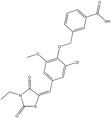 3-({2-chloro-4-[(3-ethyl-2,4-dioxo-1,3-thiazolidin-5-ylidene)methyl]-6-methoxyphenoxy}methyl)benzoic acid Struktur