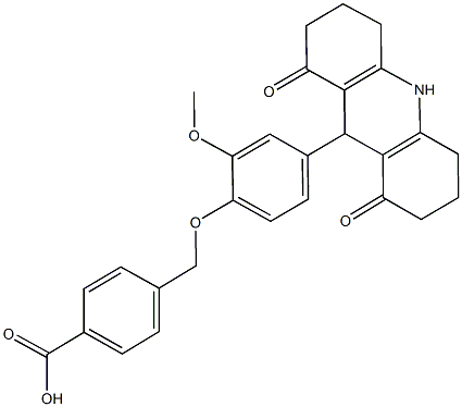 4-{[4-(1,8-dioxo-1,2,3,4,5,6,7,8,9,10-decahydro-9-acridinyl)-2-methoxyphenoxy]methyl}benzoic acid Struktur