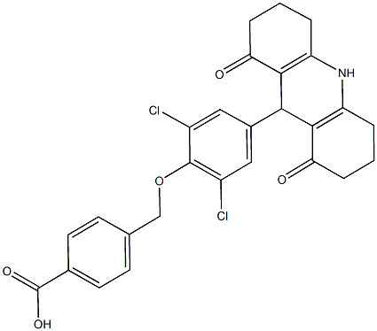 4-{[2,6-dichloro-4-(1,8-dioxo-1,2,3,4,5,6,7,8,9,10-decahydro-9-acridinyl)phenoxy]methyl}benzoic acid Struktur