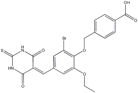 4-({2-bromo-4-[(4,6-dioxo-2-thioxotetrahydro-5(2H)-pyrimidinylidene)methyl]-6-ethoxyphenoxy}methyl)benzoic acid Struktur