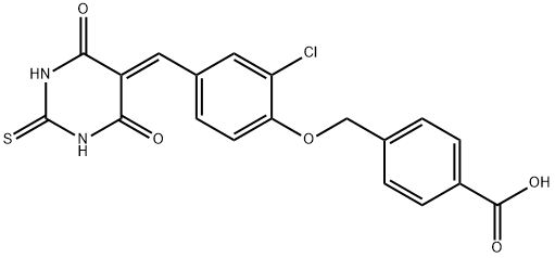 4-({2-chloro-4-[(4,6-dioxo-2-thioxotetrahydro-5(2H)-pyrimidinylidene)methyl]phenoxy}methyl)benzoic acid Struktur