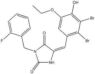 5-(2,3-dibromo-5-ethoxy-4-hydroxybenzylidene)-3-(2-fluorobenzyl)-2,4-imidazolidinedione Struktur