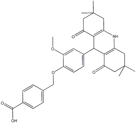 4-{[2-methoxy-4-(3,3,6,6-tetramethyl-1,8-dioxo-1,2,3,4,5,6,7,8,9,10-decahydro-9-acridinyl)phenoxy]methyl}benzoic acid Struktur