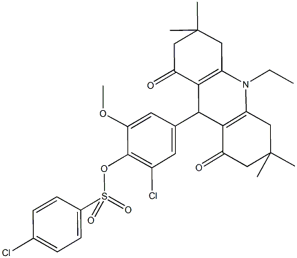 2-chloro-4-(10-ethyl-3,3,6,6-tetramethyl-1,8-dioxo-1,2,3,4,5,6,7,8,9,10-decahydro-9-acridinyl)-6-methoxyphenyl 4-chlorobenzenesulfonate Struktur