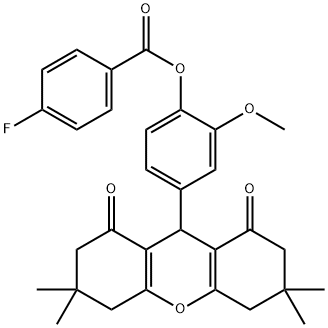 2-methoxy-4-(3,3,6,6-tetramethyl-1,8-dioxo-2,3,4,5,6,7,8,9-octahydro-1H-xanthen-9-yl)phenyl 4-fluorobenzoate Struktur