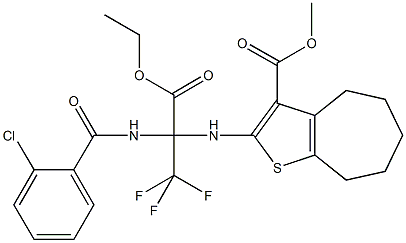 methyl 2-{[1-[(2-chlorobenzoyl)amino]-1-(ethoxycarbonyl)-2,2,2-trifluoroethyl]amino}-5,6,7,8-tetrahydro-4H-cyclohepta[b]thiophene-3-carboxylate Struktur