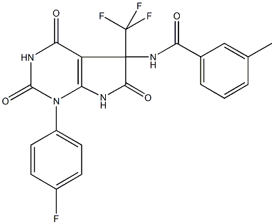 N-[1-(4-fluorophenyl)-2,4,6-trioxo-5-(trifluoromethyl)-2,3,4,5,6,7-hexahydro-1H-pyrrolo[2,3-d]pyrimidin-5-yl]-3-methylbenzamide Struktur