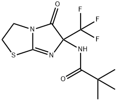 2,2-dimethyl-N-[5-oxo-6-(trifluoromethyl)-2,3,5,6-tetrahydroimidazo[2,1-b][1,3]thiazol-6-yl]propanamide Struktur