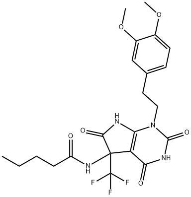 N-[1-[2-(3,4-dimethoxyphenyl)ethyl]-2,4,6-trioxo-5-(trifluoromethyl)-2,3,4,5,6,7-hexahydro-1H-pyrrolo[2,3-d]pyrimidin-5-yl]pentanamide Struktur