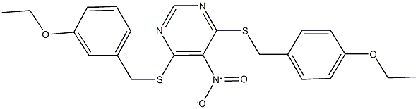 4-[(3-ethoxybenzyl)sulfanyl]-6-[(4-ethoxybenzyl)sulfanyl]-5-nitropyrimidine Struktur