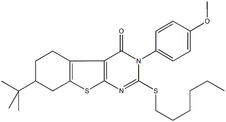 7-tert-butyl-2-(hexylsulfanyl)-3-(4-methoxyphenyl)-5,6,7,8-tetrahydro[1]benzothieno[2,3-d]pyrimidin-4(3H)-one Struktur