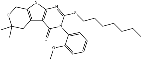 2-(heptylsulfanyl)-3-(2-methoxyphenyl)-6,6-dimethyl-3,5,6,8-tetrahydro-4H-pyrano[4',3':4,5]thieno[2,3-d]pyrimidin-4-one Struktur