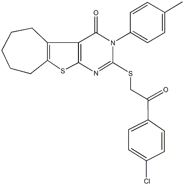 2-{[2-(4-chlorophenyl)-2-oxoethyl]sulfanyl}-3-(4-methylphenyl)-3,5,6,7,8,9-hexahydro-4H-cyclohepta[4,5]thieno[2,3-d]pyrimidin-4-one Struktur