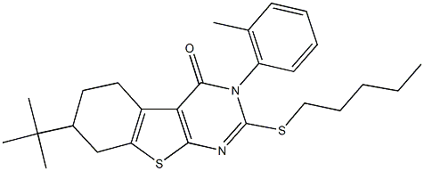 7-tert-butyl-3-(2-methylphenyl)-2-(pentylsulfanyl)-5,6,7,8-tetrahydro[1]benzothieno[2,3-d]pyrimidin-4(3H)-one Struktur