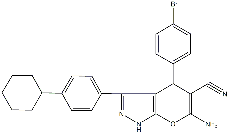 6-amino-4-(4-bromophenyl)-3-(4-cyclohexylphenyl)-1,4-dihydropyrano[2,3-c]pyrazole-5-carbonitrile Struktur