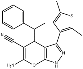 6-amino-3-(2,5-dimethyl-3-thienyl)-4-(1-phenylethyl)-1,4-dihydropyrano[2,3-c]pyrazole-5-carbonitrile Struktur