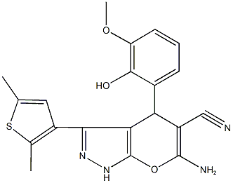 6-amino-3-(2,5-dimethyl-3-thienyl)-4-(2-hydroxy-3-methoxyphenyl)-1,4-dihydropyrano[2,3-c]pyrazole-5-carbonitrile Struktur