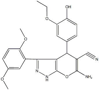 6-amino-3-(2,5-dimethoxyphenyl)-4-(3-ethoxy-4-hydroxyphenyl)-1,4-dihydropyrano[2,3-c]pyrazole-5-carbonitrile Struktur