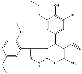 6-amino-4-(3-bromo-5-ethoxy-4-hydroxyphenyl)-3-(2,5-dimethoxyphenyl)-1,4-dihydropyrano[2,3-c]pyrazole-5-carbonitrile Struktur