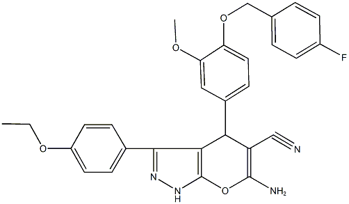 6-amino-3-(4-ethoxyphenyl)-4-{4-[(4-fluorobenzyl)oxy]-3-methoxyphenyl}-1,4-dihydropyrano[2,3-c]pyrazole-5-carbonitrile Struktur