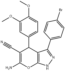 6-amino-3-(4-bromophenyl)-4-(3,4-dimethoxyphenyl)-1,4-dihydropyrano[2,3-c]pyrazole-5-carbonitrile Struktur