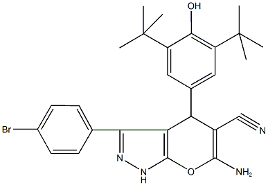 6-amino-3-(4-bromophenyl)-4-(3,5-ditert-butyl-4-hydroxyphenyl)-1,4-dihydropyrano[2,3-c]pyrazole-5-carbonitrile Struktur