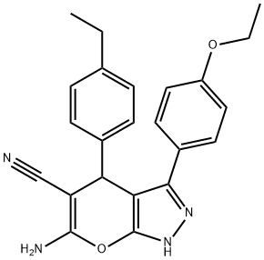 6-amino-3-(4-ethoxyphenyl)-4-(4-ethylphenyl)-1,4-dihydropyrano[2,3-c]pyrazole-5-carbonitrile Struktur