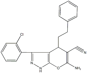 6-amino-3-(2-chlorophenyl)-4-(2-phenylethyl)-1,4-dihydropyrano[2,3-c]pyrazole-5-carbonitrile Struktur