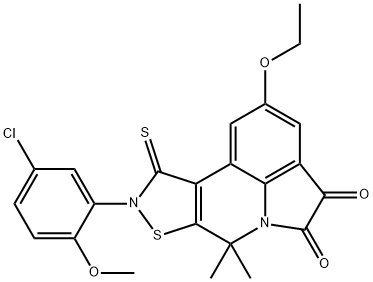 9-(5-chloro-2-methoxyphenyl)-2-ethoxy-7,7-dimethyl-10-thioxo-9,10-dihydro-7H-isothiazolo[5,4-c]pyrrolo[3,2,1-ij]quinoline-4,5-dione Struktur