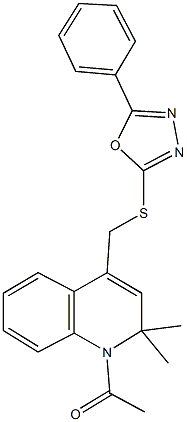 1-acetyl-2,2-dimethyl-4-{[(5-phenyl-1,3,4-oxadiazol-2-yl)sulfanyl]methyl}-1,2-dihydroquinoline Struktur