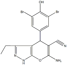 6-amino-4-(3,5-dibromo-4-hydroxyphenyl)-3-ethyl-1,4-dihydropyrano[2,3-c]pyrazole-5-carbonitrile Struktur