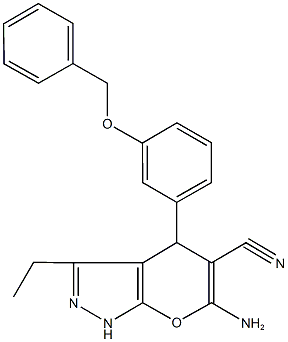 6-amino-4-[3-(benzyloxy)phenyl]-3-ethyl-1,4-dihydropyrano[2,3-c]pyrazole-5-carbonitrile Struktur