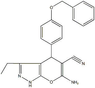 6-amino-4-[4-(benzyloxy)phenyl]-3-ethyl-1,4-dihydropyrano[2,3-c]pyrazole-5-carbonitrile Struktur