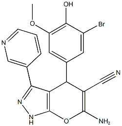 6-amino-4-(3-bromo-4-hydroxy-5-methoxyphenyl)-3-(3-pyridinyl)-1,4-dihydropyrano[2,3-c]pyrazole-5-carbonitrile Struktur