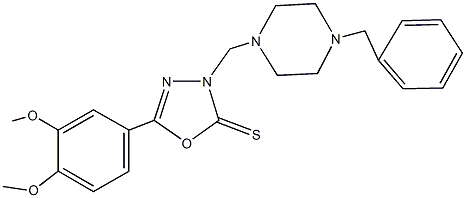 3-[(4-benzyl-1-piperazinyl)methyl]-5-(3,4-dimethoxyphenyl)-1,3,4-oxadiazole-2(3H)-thione Struktur