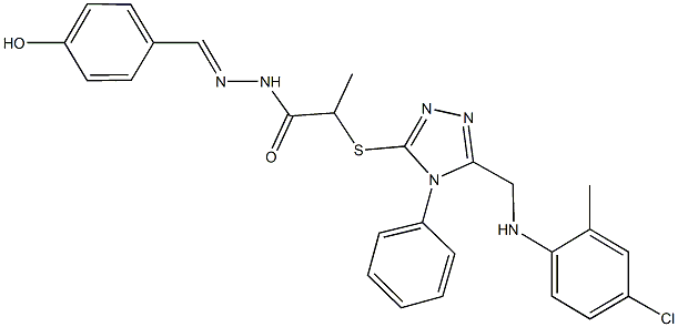 2-({5-[(4-chloro-2-methylanilino)methyl]-4-phenyl-4H-1,2,4-triazol-3-yl}sulfanyl)-N'-(4-hydroxybenzylidene)propanohydrazide Struktur