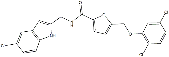 N-[(5-chloro-1H-indol-2-yl)methyl]-5-[(2,5-dichlorophenoxy)methyl]-2-furamide Struktur