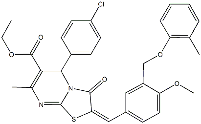 ethyl 5-(4-chlorophenyl)-2-{4-methoxy-3-[(2-methylphenoxy)methyl]benzylidene}-7-methyl-3-oxo-2,3-dihydro-5H-[1,3]thiazolo[3,2-a]pyrimidine-6-carboxylate Struktur