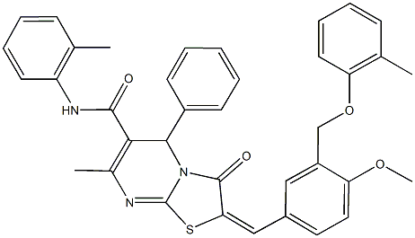 2-{4-methoxy-3-[(2-methylphenoxy)methyl]benzylidene}-7-methyl-N-(2-methylphenyl)-3-oxo-5-phenyl-2,3-dihydro-5H-[1,3]thiazolo[3,2-a]pyrimidine-6-carboxamide Struktur