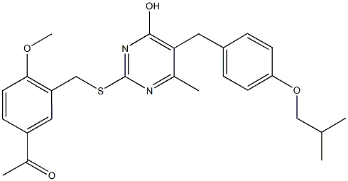 1-[3-({[4-hydroxy-5-(4-isobutoxybenzyl)-6-methyl-2-pyrimidinyl]sulfanyl}methyl)-4-methoxyphenyl]ethanone Struktur