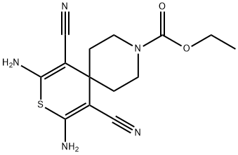 ethyl 2,4-diamino-1,5-dicyano-3-thia-9-azaspiro[5.5]undeca-1,4-diene-9-carboxylate Struktur