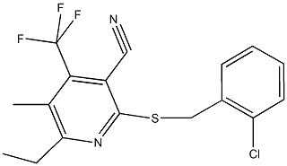 2-[(2-chlorobenzyl)sulfanyl]-6-ethyl-5-methyl-4-(trifluoromethyl)nicotinonitrile Struktur