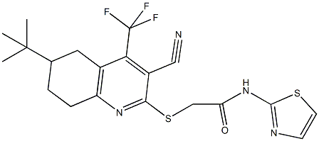 2-{[6-tert-butyl-3-cyano-4-(trifluoromethyl)-5,6,7,8-tetrahydroquinolin-2-yl]sulfanyl}-N-(1,3-thiazol-2-yl)acetamide Struktur