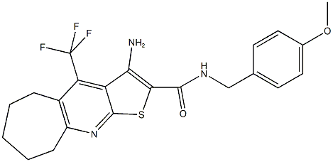 3-amino-N-(4-methoxybenzyl)-4-(trifluoromethyl)-6,7,8,9-tetrahydro-5H-cyclohepta[b]thieno[3,2-e]pyridine-2-carboxamide Struktur