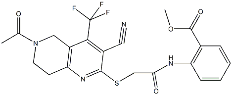 methyl 2-[({[6-acetyl-3-cyano-4-(trifluoromethyl)-5,6,7,8-tetrahydro[1,6]naphthyridin-2-yl]sulfanyl}acetyl)amino]benzoate Struktur